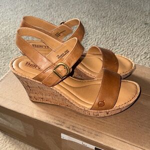 Born Cognac Leather Cork Wedge Sandals - Born